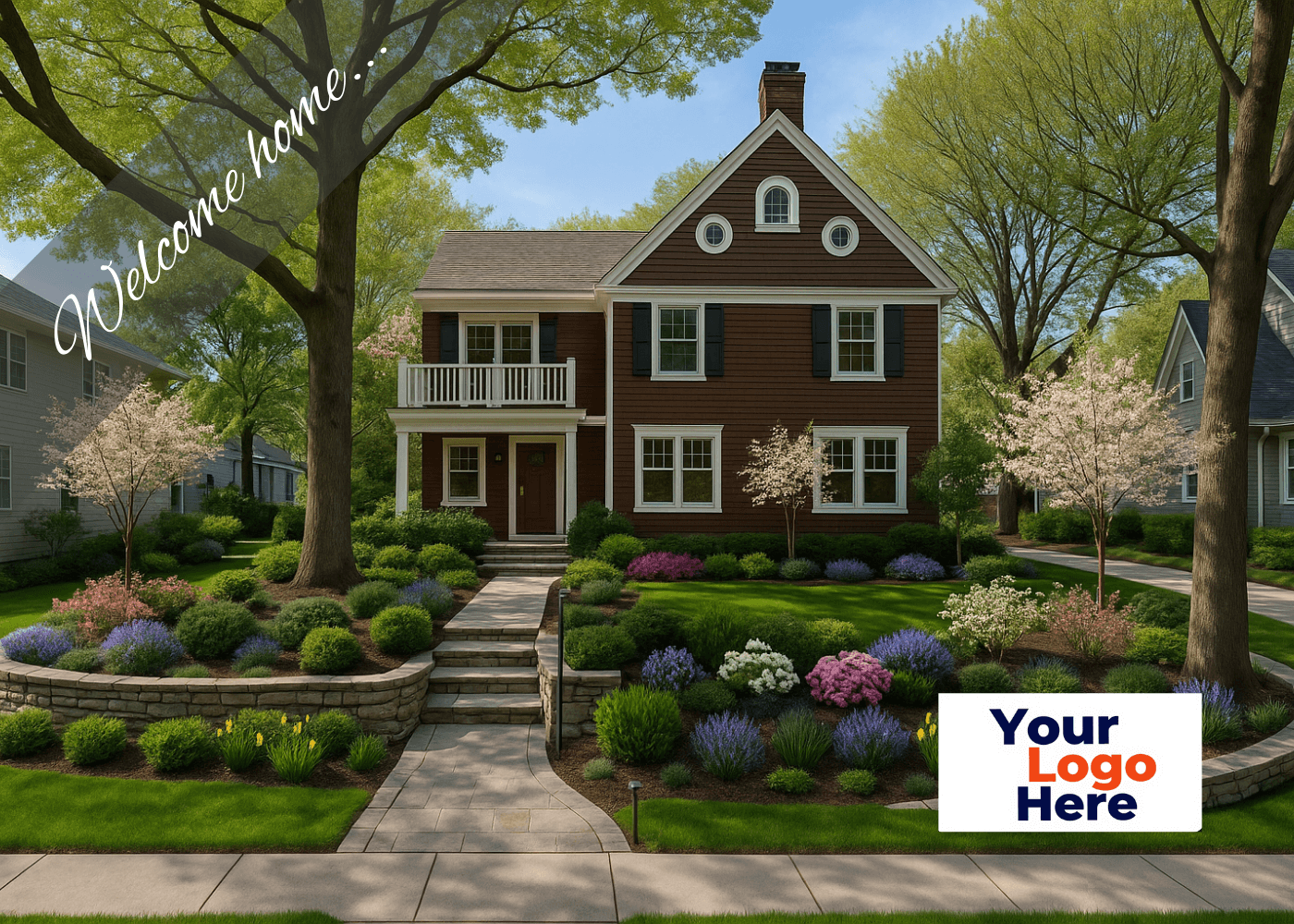 Postcard front - transformed home with Welcome Home text and logo placeholder
